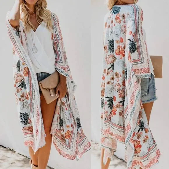 Boho Floral Kimono Duster Cardigan Top - Picture 2 of 7